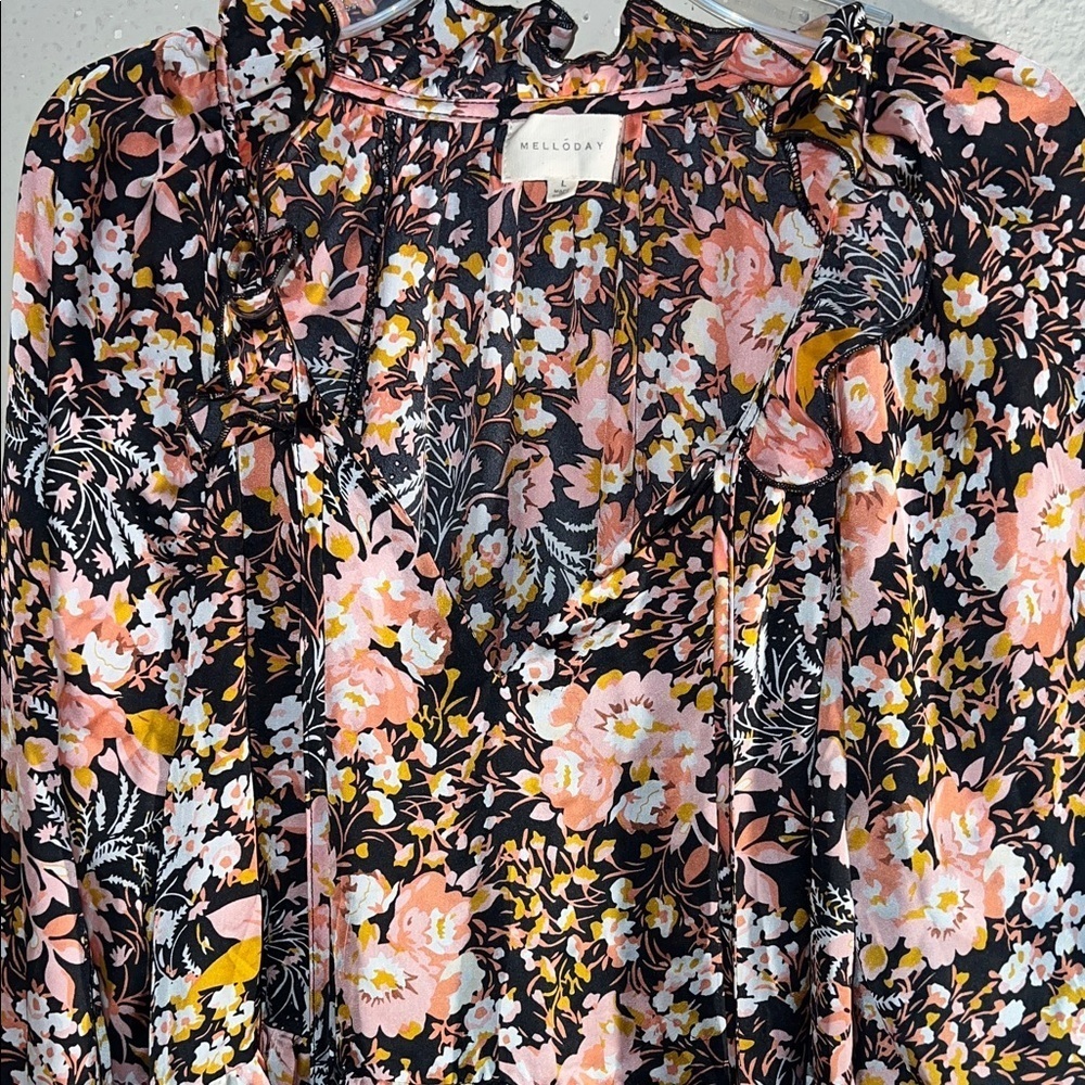 MELLODAY Floral Ruffle Blouse - Black, Pink, Yellow